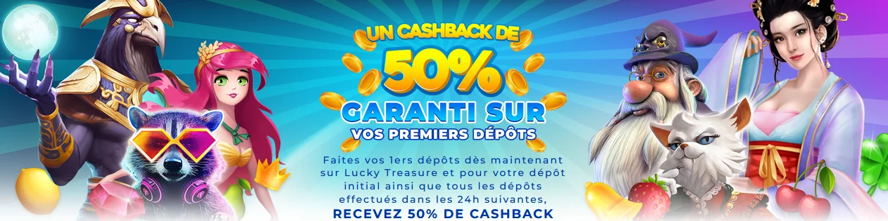 Bannière cashback 50% Lucky Treasure